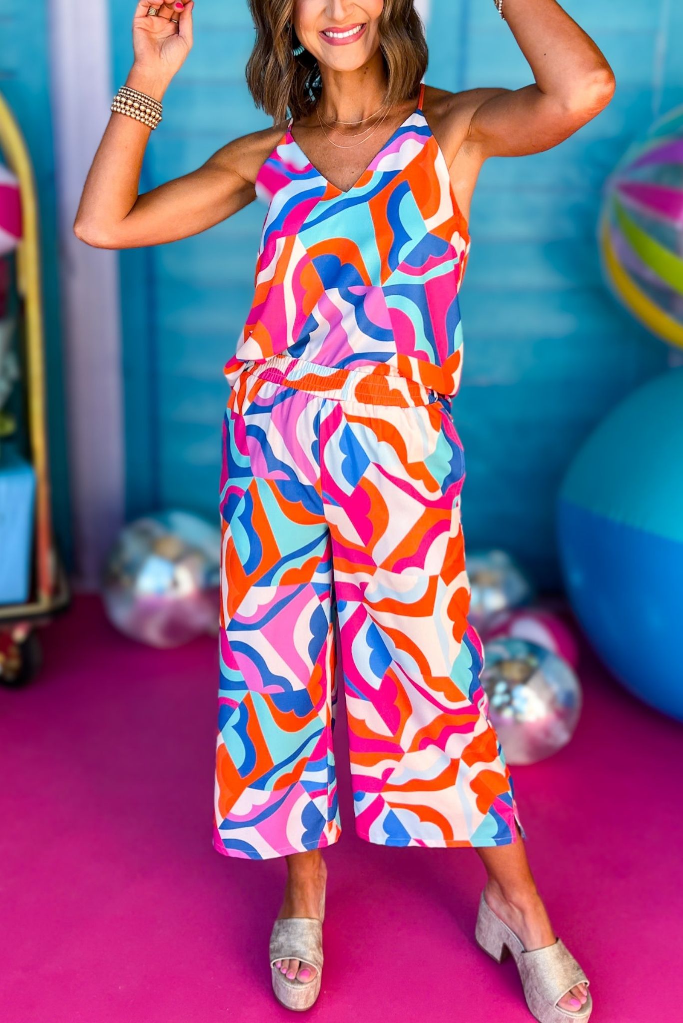 SSYS The Campbell Tank Cropped Pants Set In Multi, ssys the label, spring break set, spring break style, spring fashion affordable fashion, elevated style, bright style, printed set, mom style, shop style your senses by mallory fitzsimmons, ssys by mallory fitzsimmons