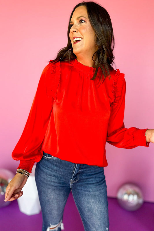  Red Satin Frilled Neck Ruffled Long Sleeve Top *FINAL SALE* *Final Sale*, must have top, must have style, must have, fall collection, fall fashion, elevated style, elevated top, mom style, fall style, shop style your senses by mallory fitzsimmons