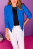 Blue Long Sleeve Open Blazer Jacket, Saturday steal, blazer, must have blazer, must have jacket, spring style, spring fashion, elevated style, layering piece, mom style, shop style your senses by Mallory Fitzsimmons, says by Mallory Fitzsimmons  Edit alt text