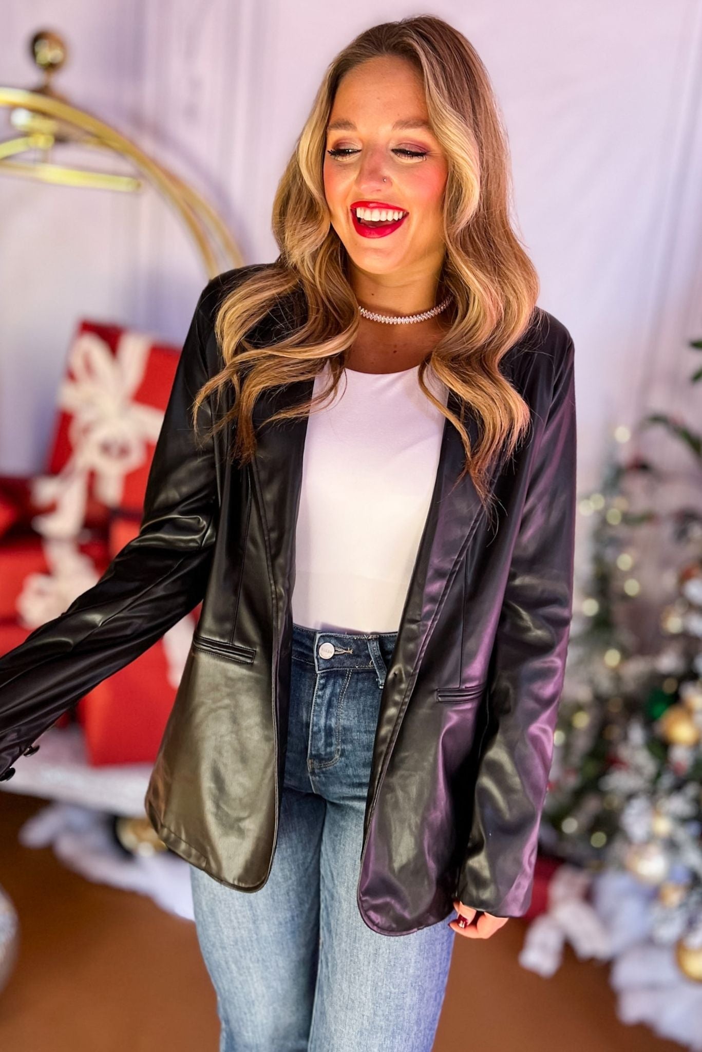  Black Faux Leather Oversized Blazer, must have blazer, must have style, elevated blazer, elevated style, holiday style, holiday fashion, elevated holiday, holiday collection, affordable fashion, mom style, shop style your senses by mallory fitzsimmons