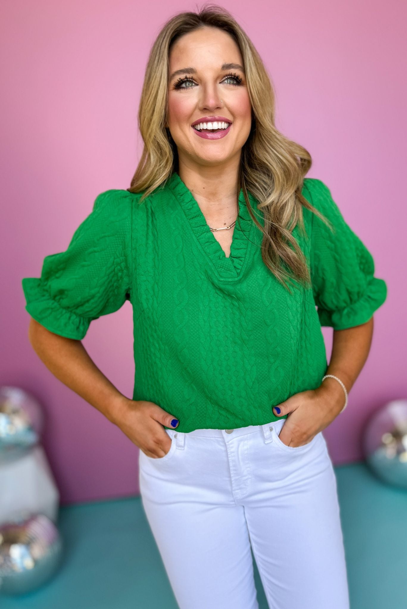 Green V Ruffle Neck Textured Knit Top, must have top, must have style, brunch style, summer style, spring fashion, elevated style, elevated top, mom style, shop style your senses by mallory fitzsimmons, ssys by mallory fitzsimmons