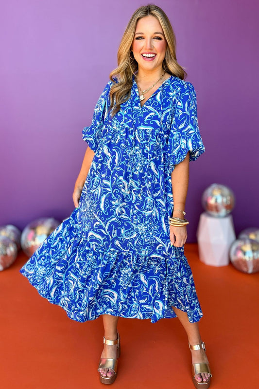 Blue Print Self-Tie Front Detail Elastic Short Sleeve Midi Dress, printed dress, paisley dress, midi dress, must have dress, must have style, church style, brunch style, spring fashion, elevated style, elevated style, mom style, shop style your senses by mallory fitzsimmons, ssys by mallory fitzsimmons