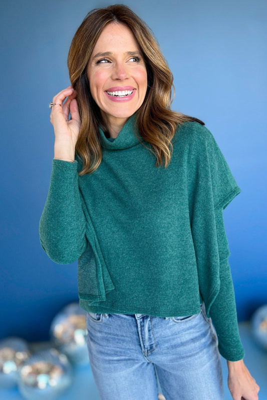  Hunter Green Turtleneck Poncho Style Brushed Knit Long Sleeve Top, must have top, must have cozy top, must have style, elevated top, elevated cozy, winter style, cold style, mom style, shop style your senses by mallory fitzsimmons