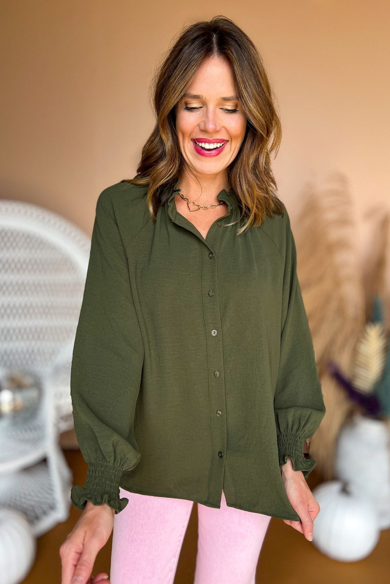 Olive Green Frilled Neck Button Front Smocked Sleeve Top *FINAL SALE*