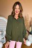 Olive Green Frilled Neck Button Front Smocked Sleeve Top *FINAL SALE*