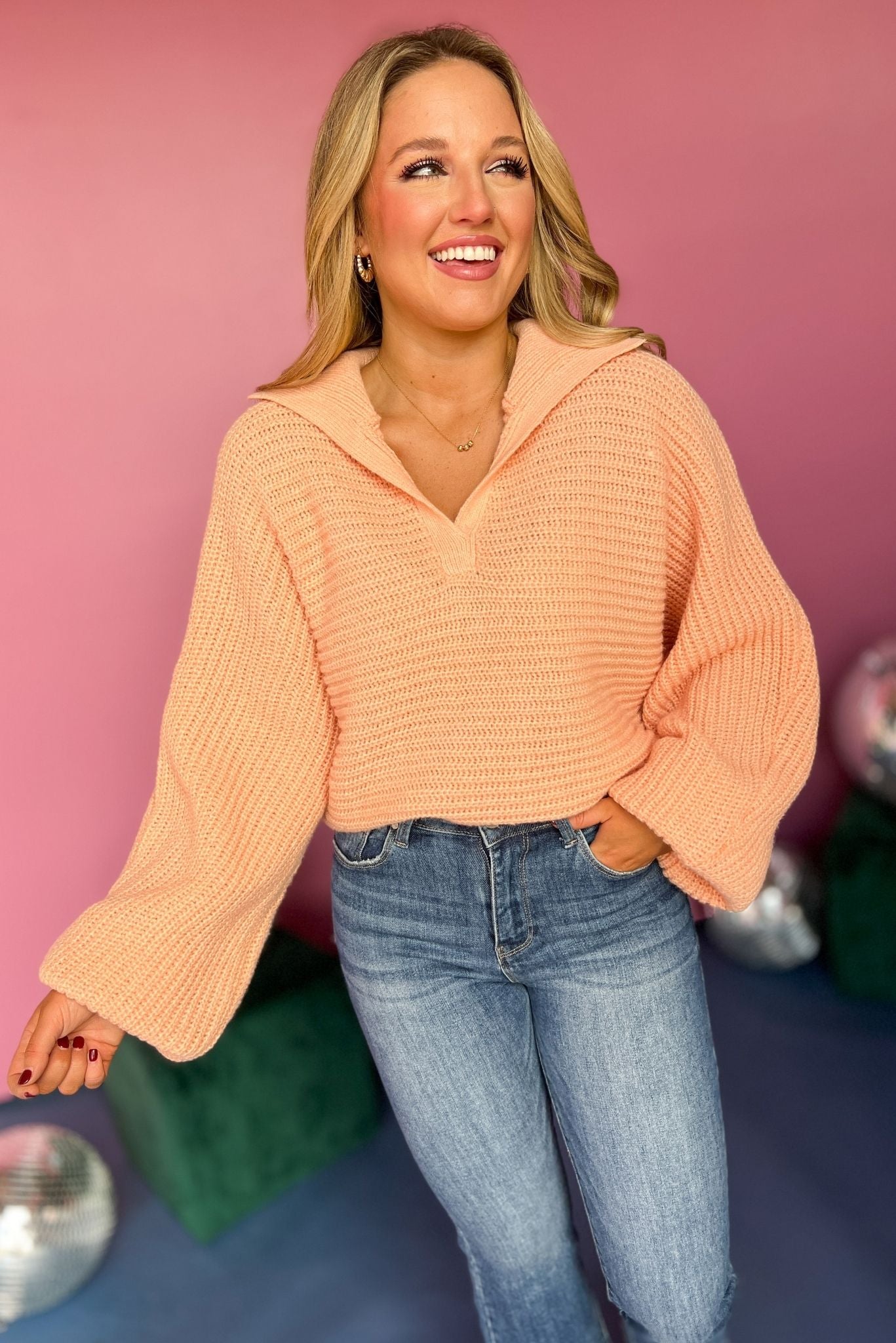 Peach Split Neck Collared Long Sleeve Sweater, must have sweater, must have style, must have fall, fall collection, fall fashion, elevated style, elevated sweater, mom style, fall style, shop style your senses by mallory fitzsimmons