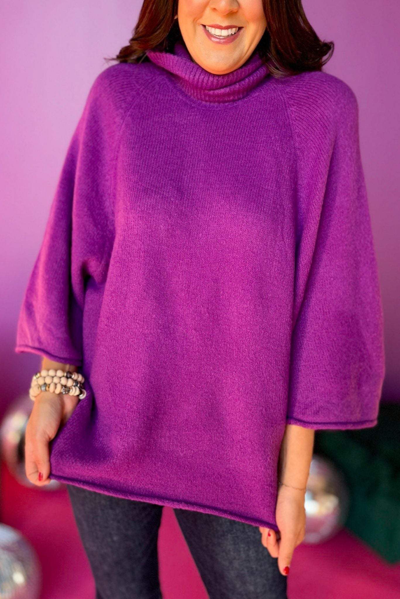 Purple 3/4 Dolman Sleeve Turtleneck Pullover Top, must have top, must have style, winter style, winter fashion, elevated style, elevated top, mom style, winter top, shop style your senses by mallory fitzsimmons