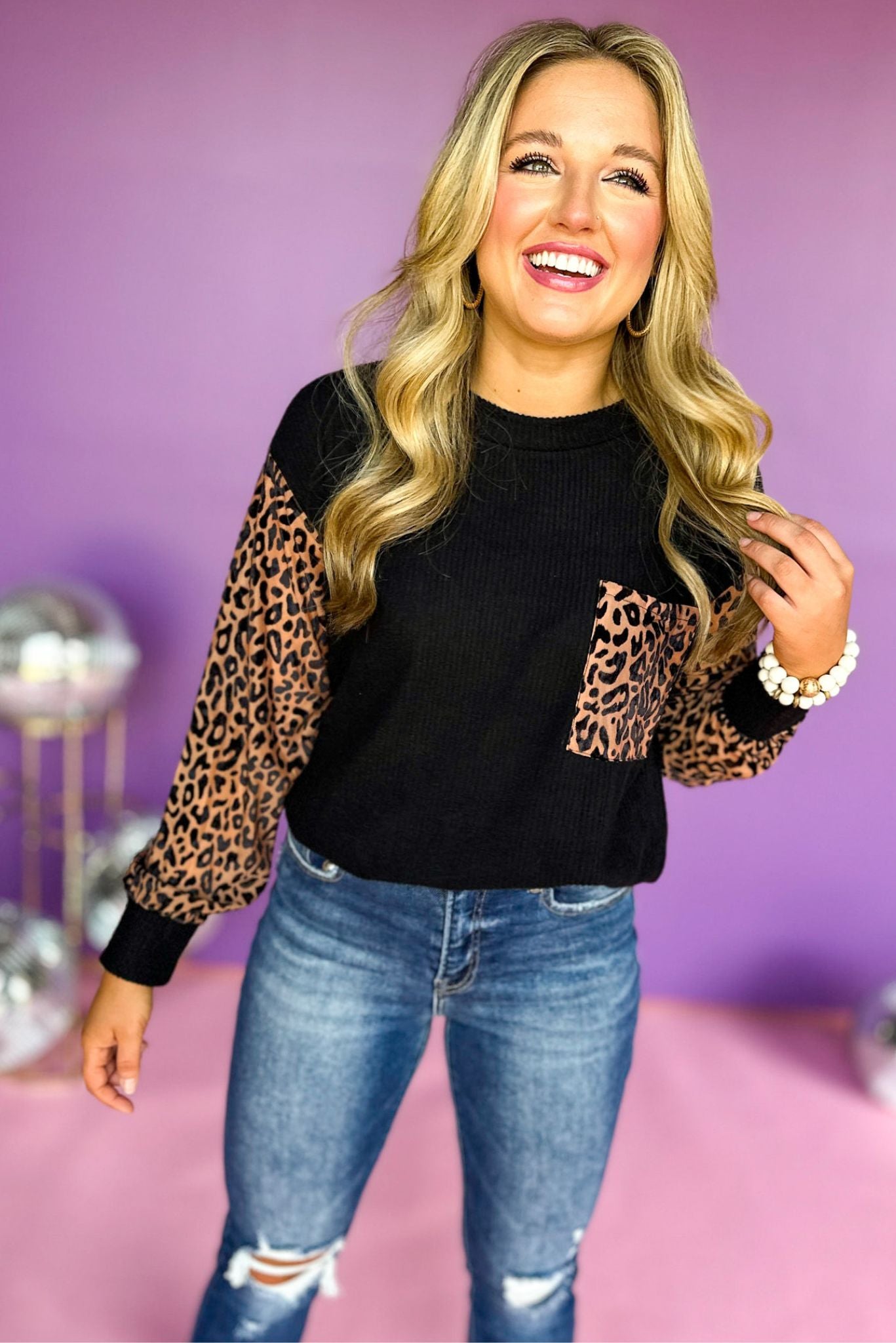 black animal printed long sleeve pocket detail top, fall top, new arrival, easy to wear, mom style, everyday wear, shop style your senses by mallory fitzsimmons