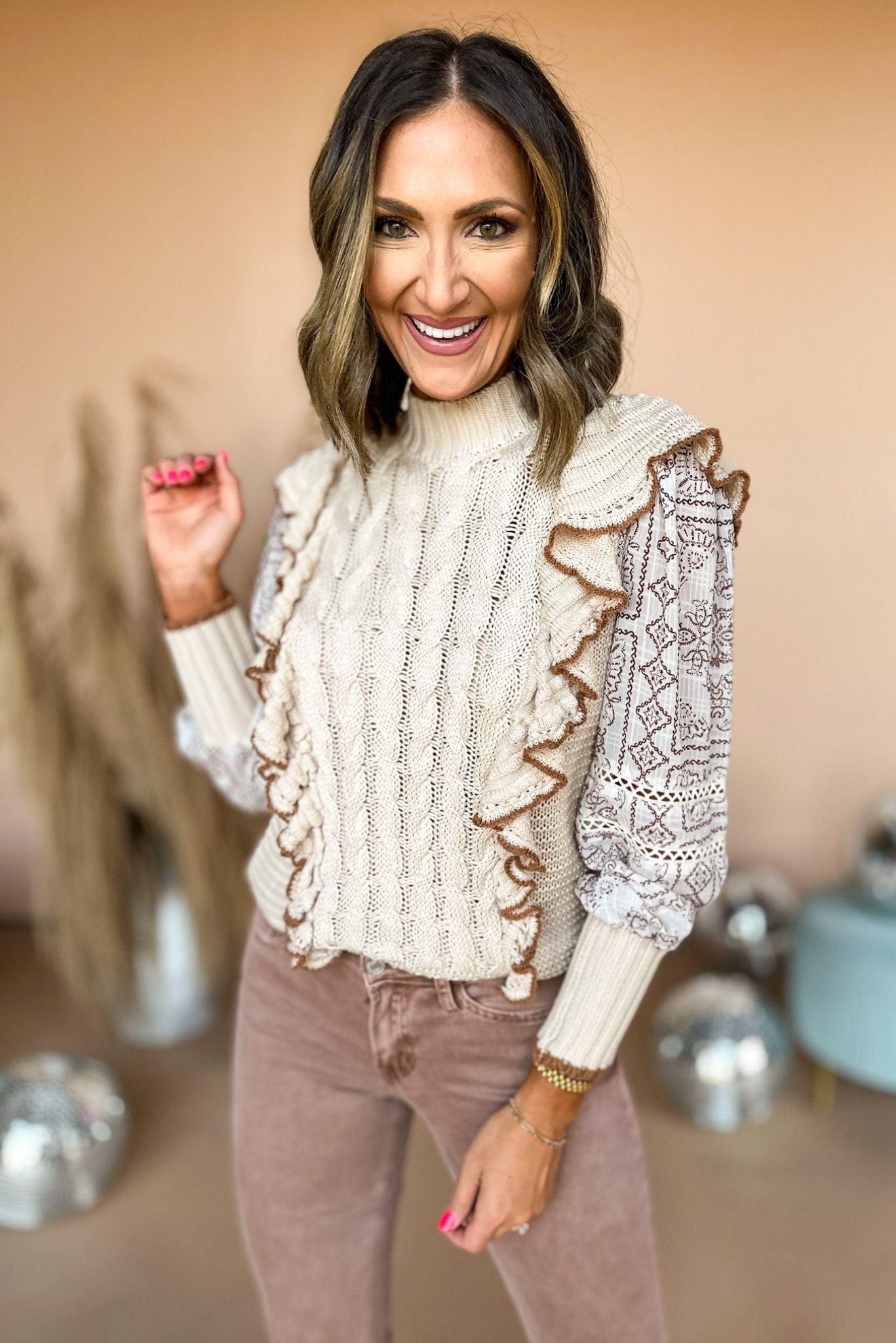 Taupe Ruffle Front Lace Detail Sweater Top, fall top, sweater top, must have fall, must have top, fall style, mom style, elevated style, lace detail top, shop style your senses by mallory fitzsimmons