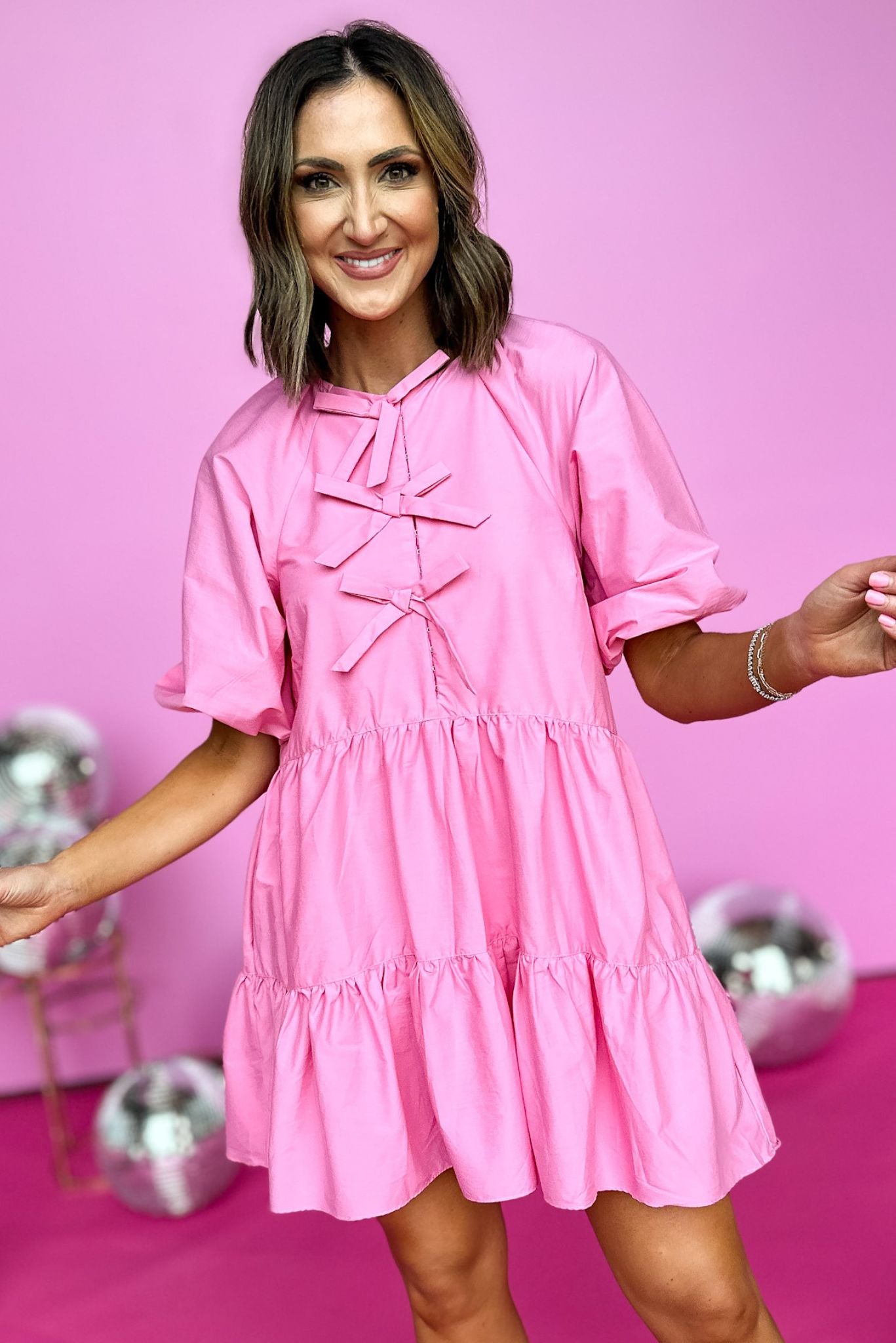 Karlie Pink Bow Poplin Dress, bow detail, tiered layer, poplin, new arrival, shop style your senses by mallory fitzsimmons