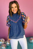 THML Blue Embroidered Multi Print Mock Neck Short Sleeve Top, puff sleeve top, must have top, must have style, brunch style, summer style, spring fashion, elevated style, elevated top, mom style, shop style your senses by mallory fitzsimmons, ssys by mallory fitzsimmons