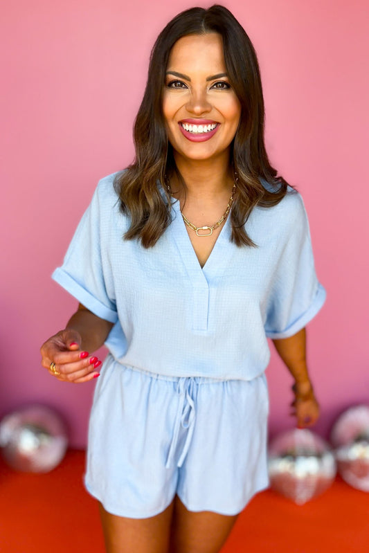  Light Blue V Neck Short Cuff Sleeve Top Drawstring Waist Short Set *FINAL SALE*, Saturday steal, must have set, elevated set, matching set, casual set, summer set, spring set, shop style your senses by Mallory Fitzsimmons, ssys by Mallory Fitzsimmons Edit alt text