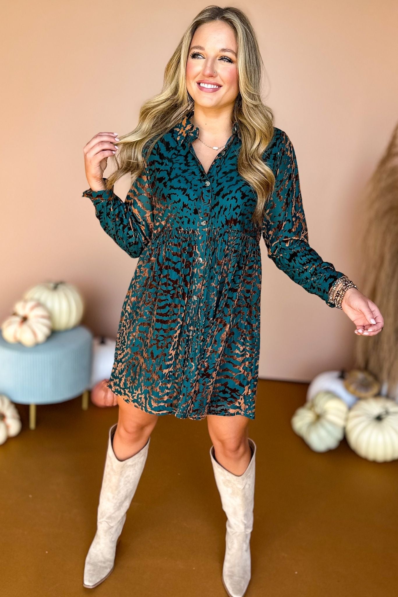 Teal Green Velvet Animal Print Button Front Babydoll Dress, must have dress, must have style, fall style, fall fashion, elevated style, elevated dress, mom style, fall collection, fall dress, animal print, must have print, hop style your senses by mallory fitzsimmons