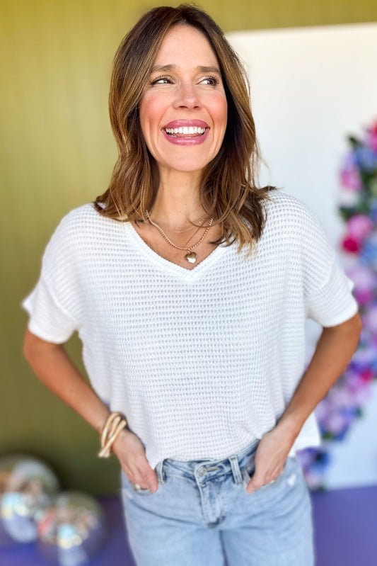  Off White Drop Shoulder V Neck Short Sleeve Knit Top *FINAL SALE*, Saturday steals, must have top, knit top, elevated top, everyday top, mom style, casual style, v neck top, easy style, summer style, summer top, shop style your senses by Mallory Fitzsimmons, ssys by Mallory Fitzsimmons