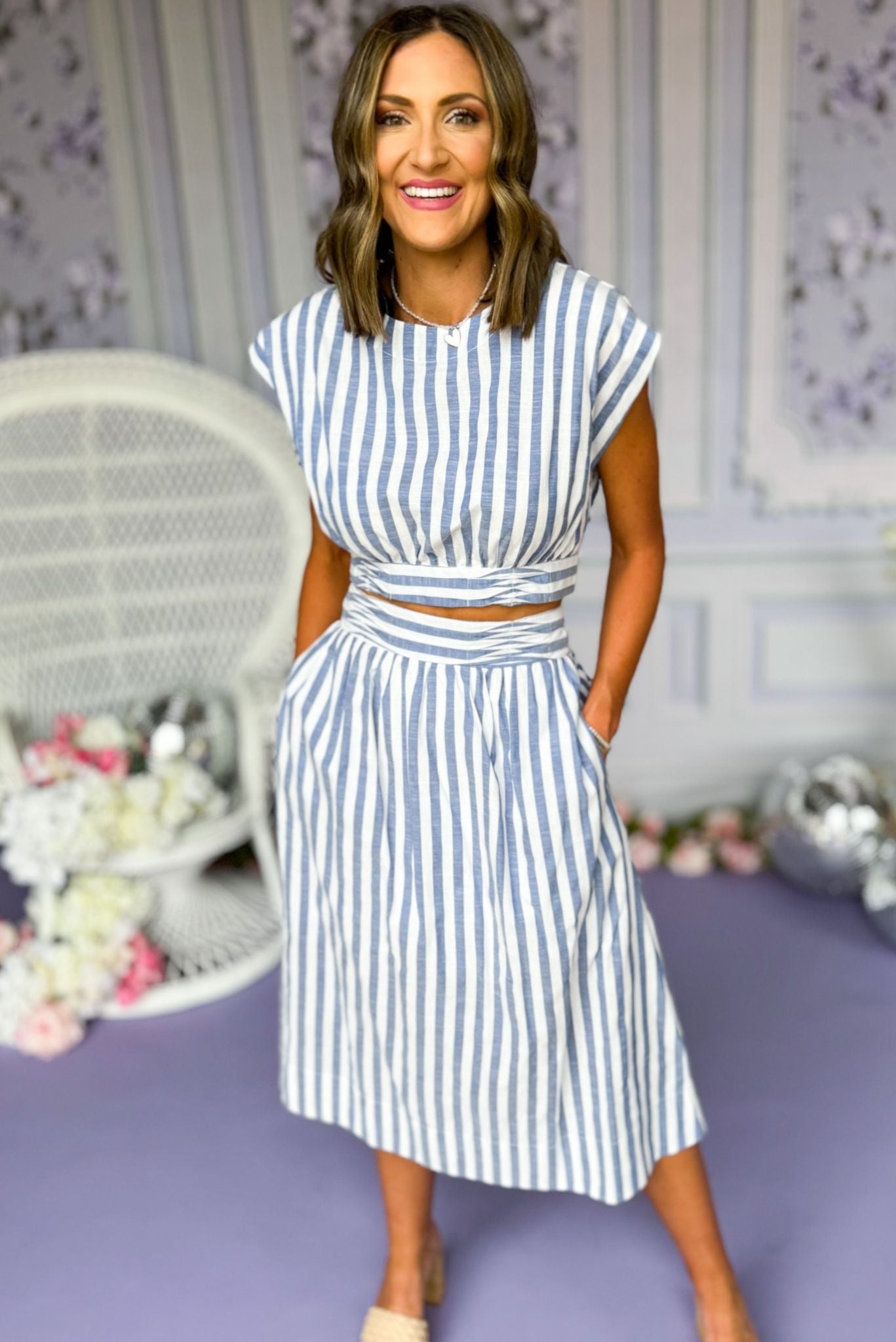 Navy Striped Pleated Long Skirt, must have skirt, midi skirt, elevated skirt, striped skirt, blue stripe skirt, church style, brunch style, mom style, shop style your senses by Mallory Fitzsimmons, ssys by Mallory Fitzsimmons  Edit alt text