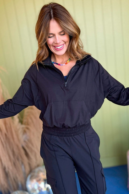  Black Quarter Zip Long Sleeve Hoodie, must have pullover, must have style, comfy style, comfortable fashion, affordable fashion, elevated pullover, elevated style, mom style, must have basic, elevated basic, shop style your senses by mallory fitzsimmons