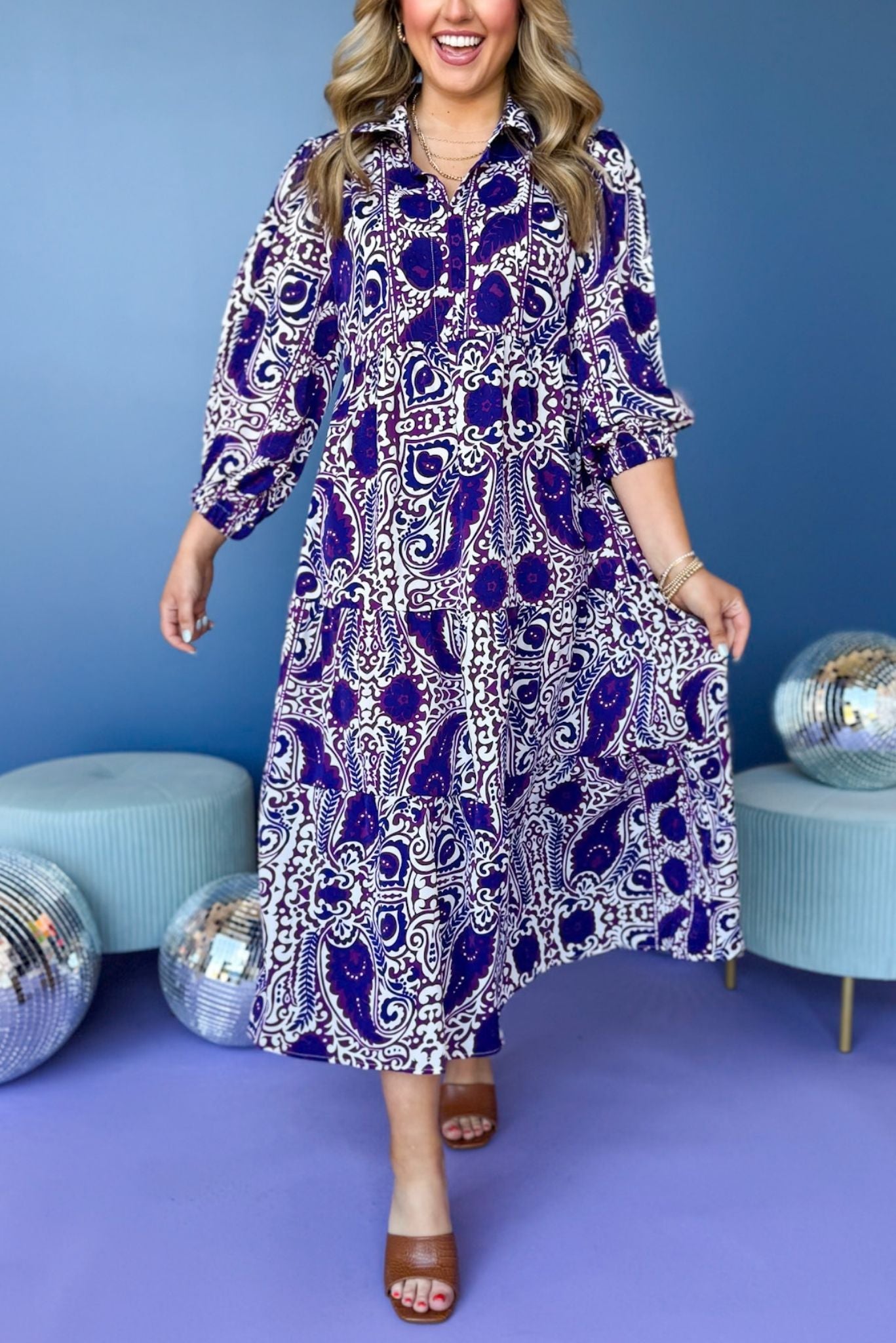 Purple Paisley Printed Split Neck Tiered 3/4 Balloon Sleeve Midi Dress, must have dress, must have style, office style, spring fashion, elevated style, elevated dress, mom style, work dress, shop style your senses by mallory fitzsimmons