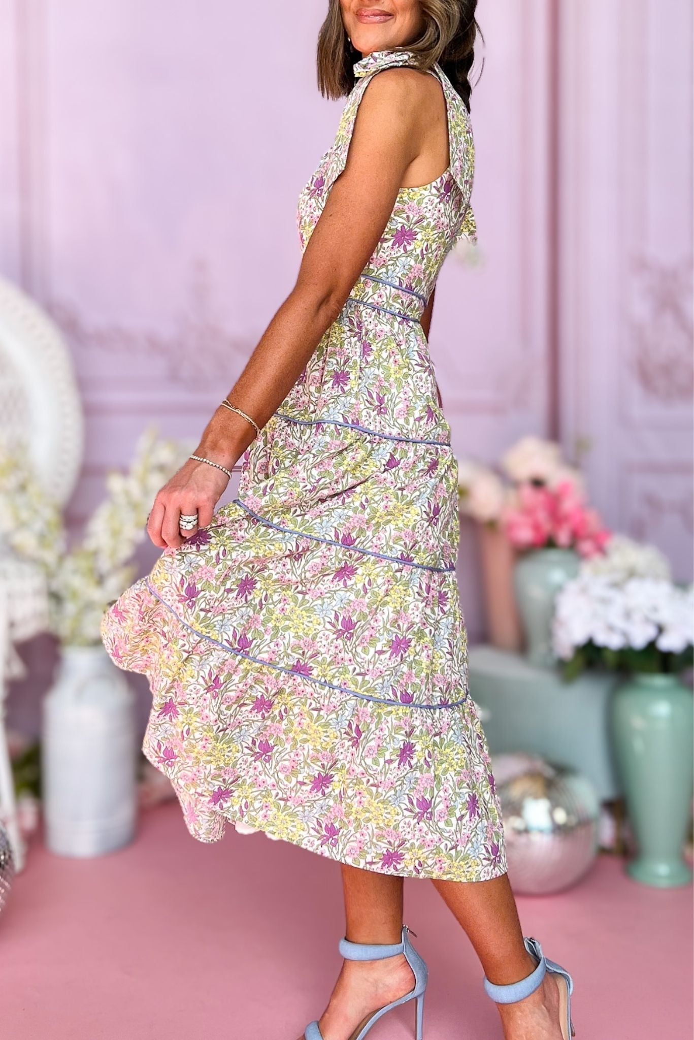 Pink Multi Floral V Neck Tied Shoulder Tiered Midi Dress – SSYS Pink Multi Floral V Neck Tied Shoulder Tiered Midi Dress – SSYS