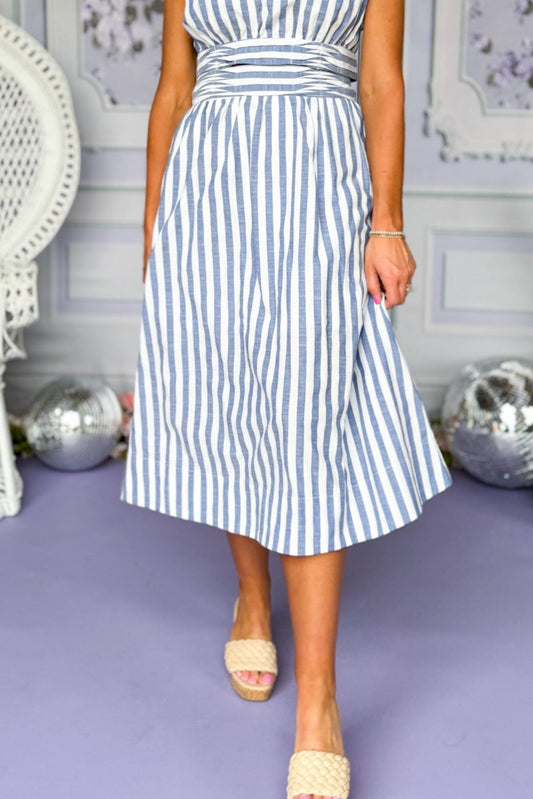  Navy Striped Pleated Long Skirt, must have skirt, midi skirt, elevated skirt, striped skirt, blue stripe skirt, church style, brunch style, mom style, shop style your senses by Mallory Fitzsimmons, ssys by Mallory Fitzsimmons