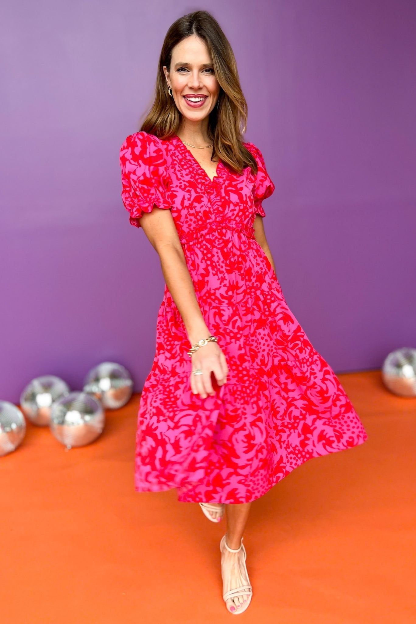 Pink V Frill Neck Short Poet Sleeves Midi Dress, v neck dress, printed dress, must have dress, must have style, weekend style, brunch style, spring fashion, elevated style, elevated style, mom style, shop style your senses by mallory fitzsimmons, ssys by mallory fitzsimmons