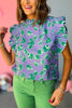 Purple Flower Print Frill Neck Smocked Frilled Shoulder Top, floral top, spring floral, must have top, must have style, office style, spring fashion, elevated style, elevated top, mom style, work top, shop style your senses by mallory fitzsimmons