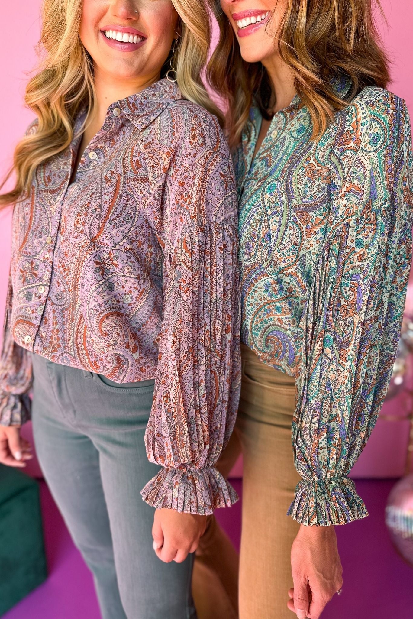 Green Paisley Printed Button Front Long Sleeve Top, must have top, must have style, must have fall, fall collection, fall fashion, elevated style, elevated top, mom style, fall style, shop style your senses by mallory fitzsimmons