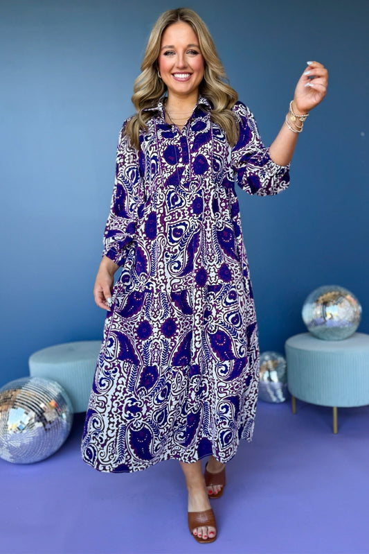 Purple Paisley Printed Split Neck Tiered 3/4 Balloon Sleeve Midi Dress, must have dress, must have style, office style, spring fashion, elevated style, elevated dress, mom style, work dress, shop style your senses by mallory fitzsimmons