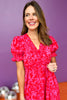 Pink V Frill Neck Short Poet Sleeves Midi Dress, v neck dress, printed dress, must have dress, must have style, weekend style, brunch style, spring fashion, elevated style, elevated style, mom style, shop style your senses by mallory fitzsimmons, ssys by mallory fitzsimmons  Edit alt text