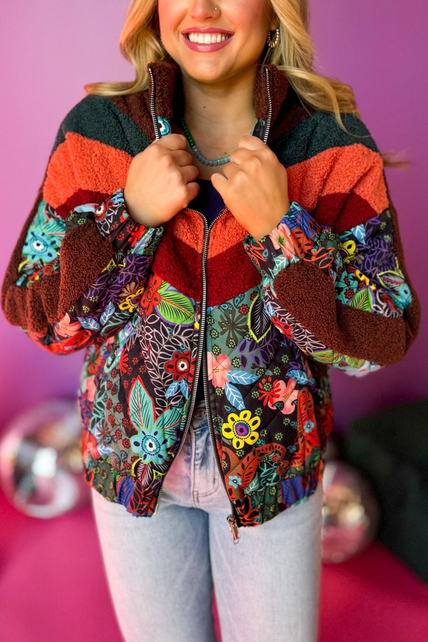 Karlie Brown Chevron Floral Printed Puffer Jacket, must have jacket, must have print, must have style, elevated jacket, elevated puffer, winter puffer, chic puffer, mom style, winter style, shop style your senses by mallory fitzsimmons