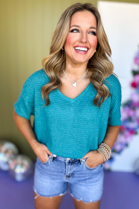 Teal Drop Shoulder V Neck Short Sleeve Knit Top *FINAL SALE*, Saturday steals, must have top, knit top, elevated top, everyday top, mom style, casual style, v neck top, easy style, summer style, summer top, shop style your senses by Mallory Fitzsimmons, ssys by Mallory Fitzsimmons