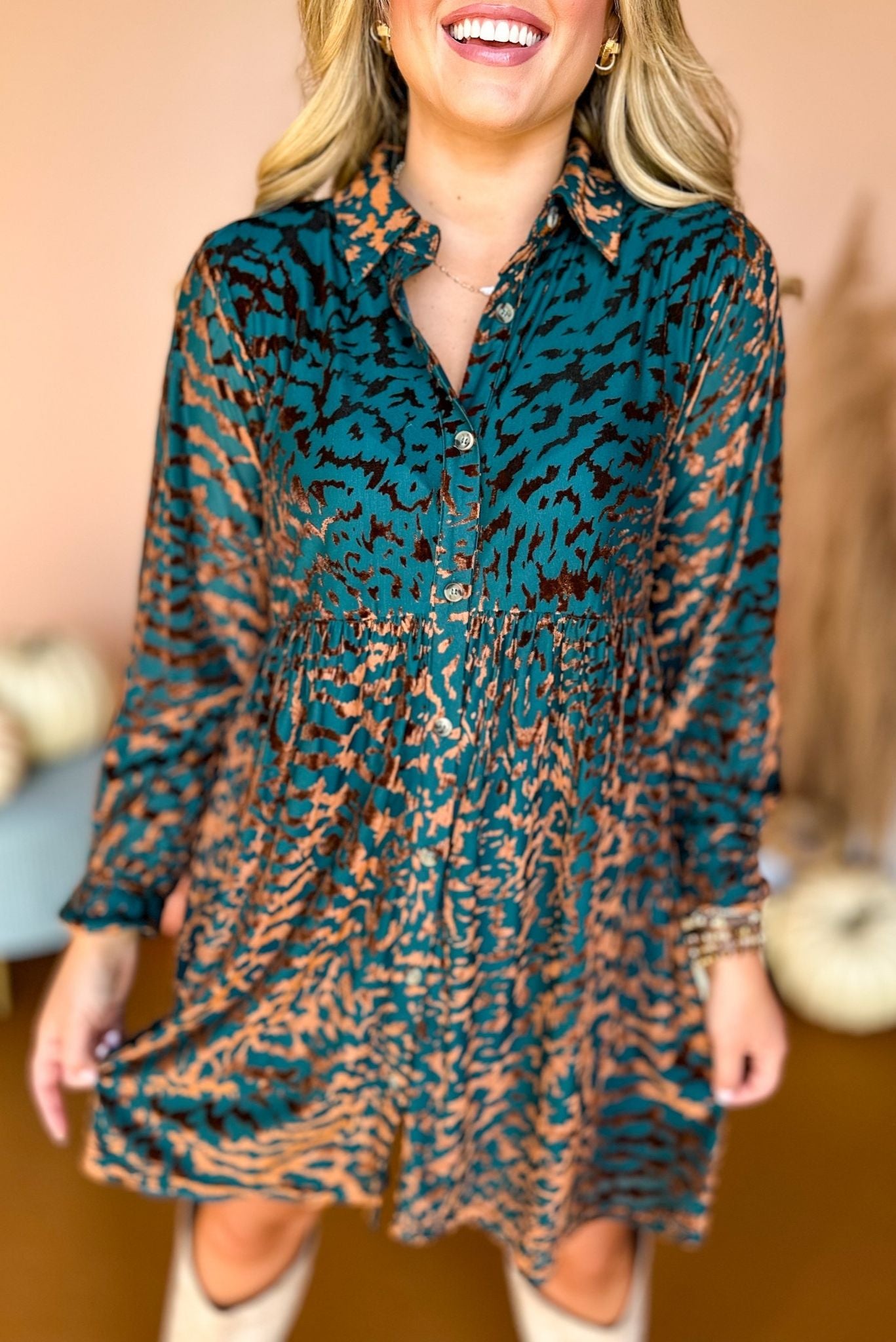 Teal Green Velvet Animal Print Button Front Babydoll Dress, must have dress, must have style, fall style, fall fashion, elevated style, elevated dress, mom style, fall collection, fall dress, animal print, must have print, hop style your senses by mallory fitzsimmons