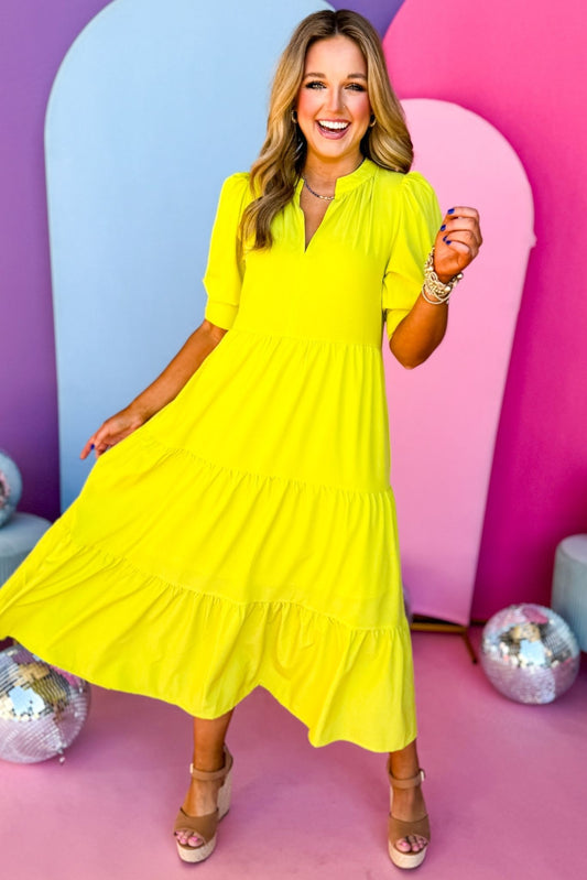 Bright Green Split Neck Three Quarter Sleeve Tiered Midi Dress, must have dress, must have style, brunch style, spring fashion, elevated style, elevated dress, mom style, shop style your senses by mallory fitzsimmons, ssys by mallory fitzsimmons