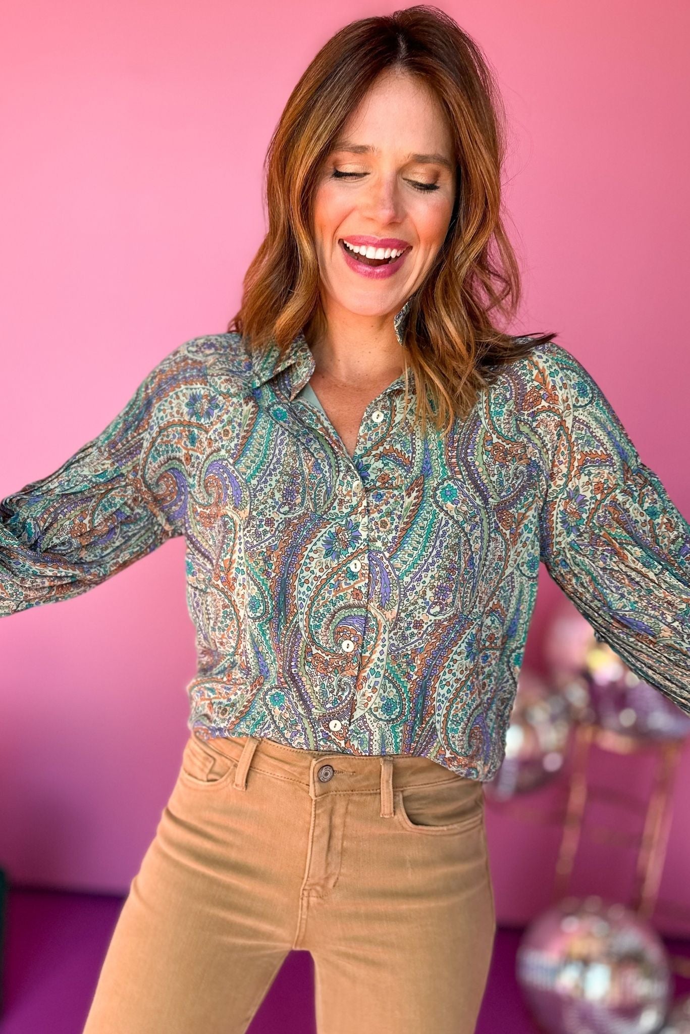 Green Paisley Printed Button Front Long Sleeve Top, must have top, must have style, must have fall, fall collection, fall fashion, elevated style, elevated top, mom style, fall style, shop style your senses by mallory fitzsimmons