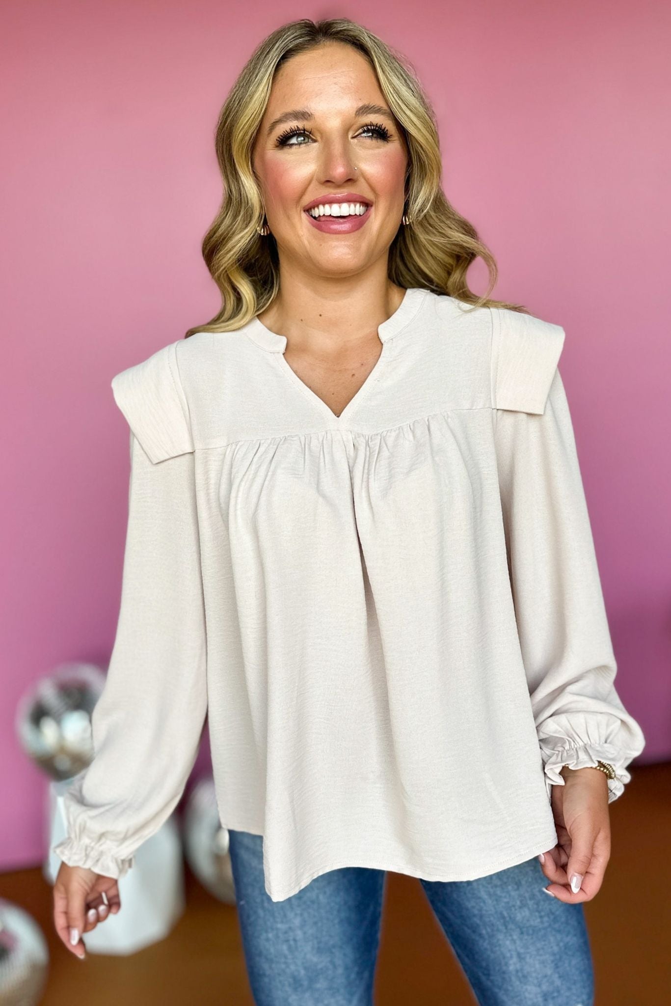 Beige Split Neck Ruffle Shoulder Balloon Sleeve Top, must have top, must have style, must have fall, fall collection, fall fashion, elevated style, elevated top, mom style, fall style, shop style your senses by mallory fitzsimmons