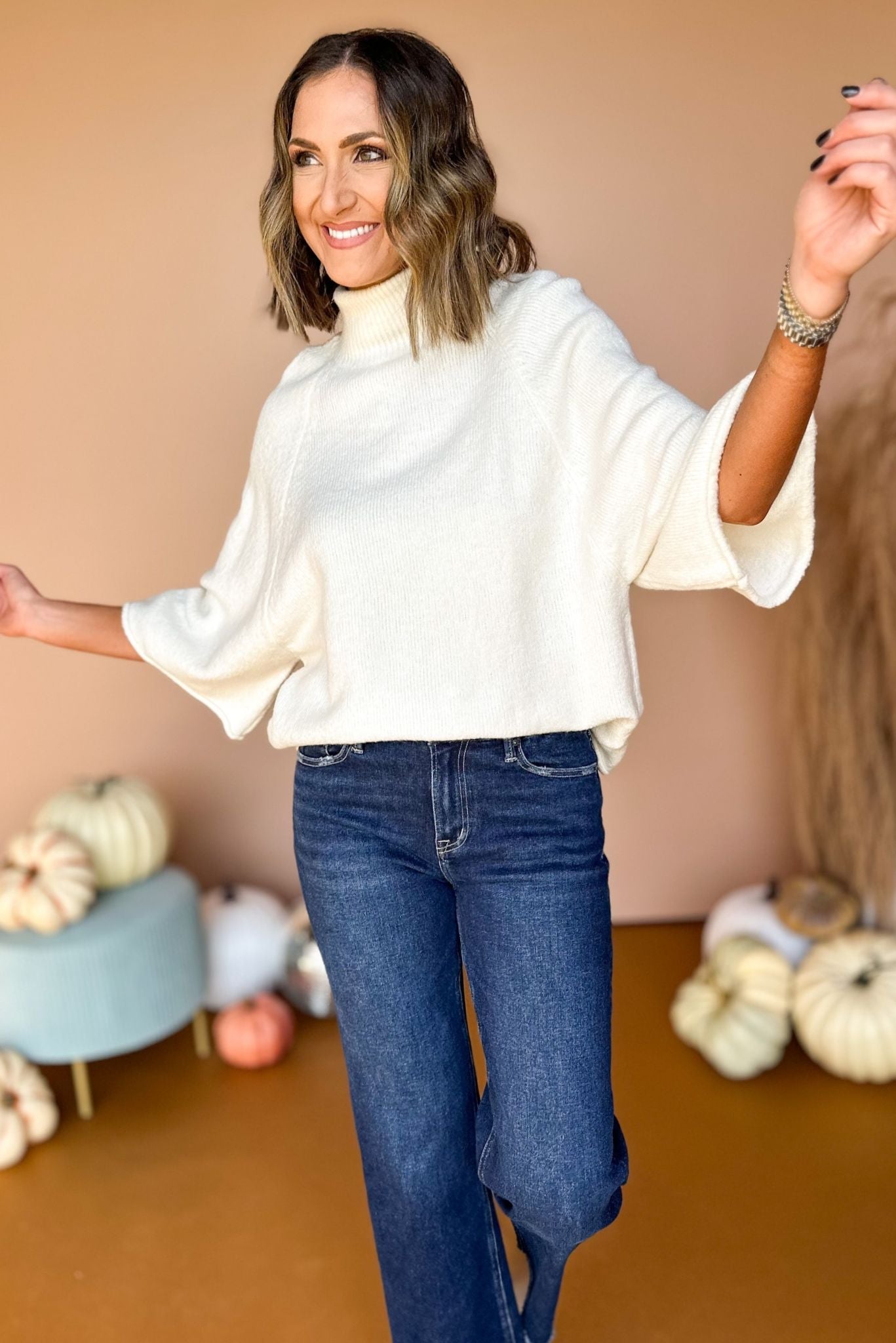 Ivory 3/4 Dolman Sleeve Turtleneck Pullover Top, must have top, must have style, must have fall, fall collection, fall fashion, elevated style, elevated top, mom style, fall style, shop style your senses by mallory fitzsimmons