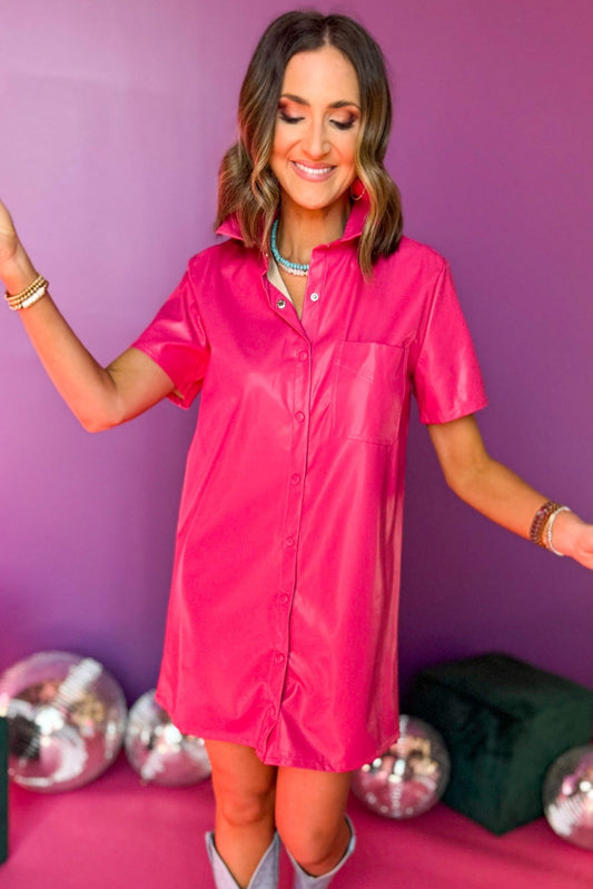  Dark Fuchsia Faux Leather Collared Button Front Short Sleeve Dress, must have dress, must have style, winter style, winter fashion, elevated style, elevated dress, mom style, winter collection, winter dress, shop style your senses by mallory fitzsimmons