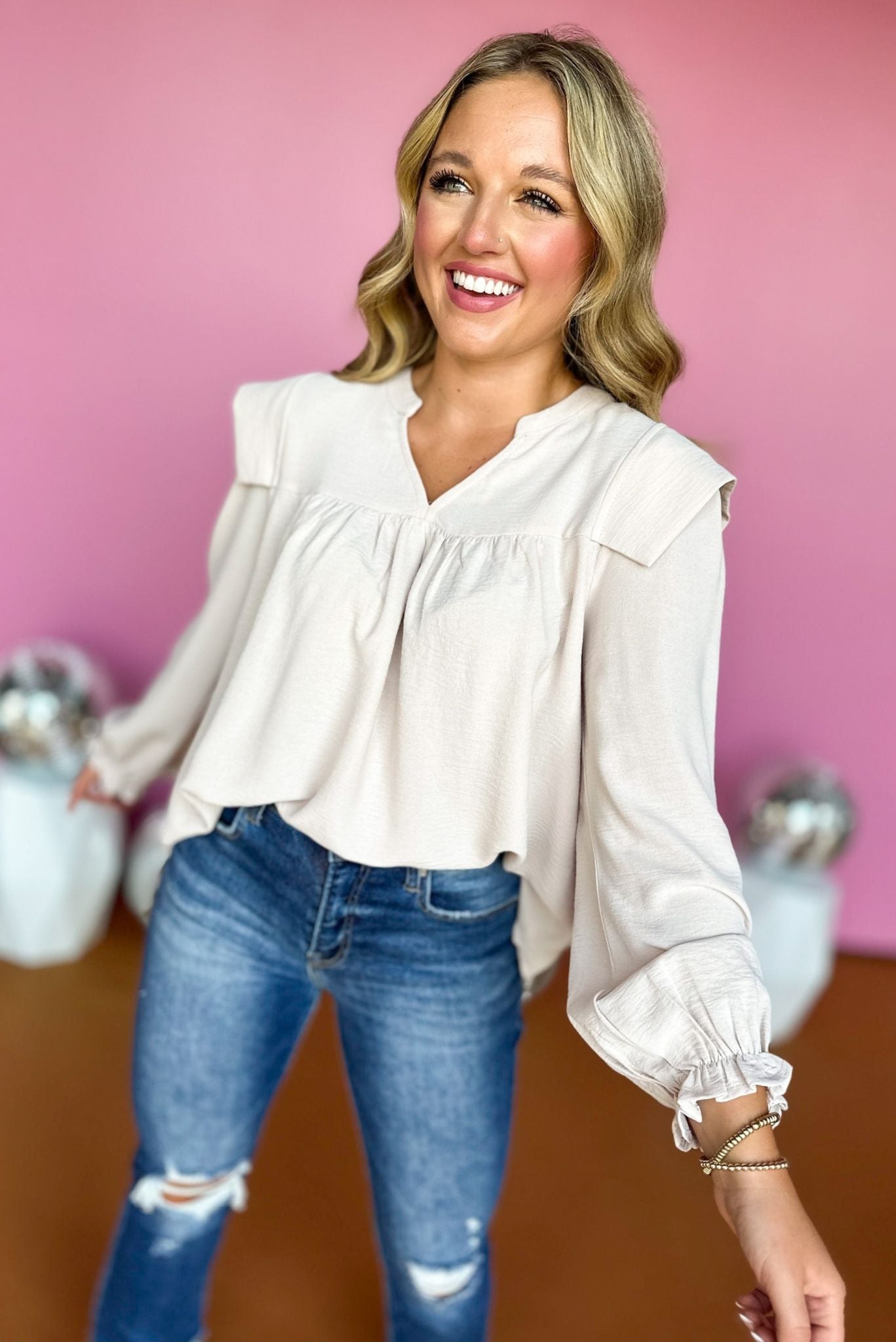 Beige Split Neck Ruffle Shoulder Balloon Sleeve Top, must have top, must have style, must have fall, fall collection, fall fashion, elevated style, elevated top, mom style, fall style, shop style your senses by mallory fitzsimmons