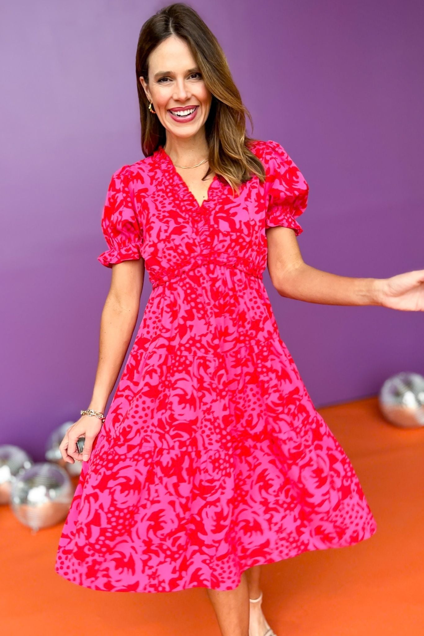 Pink V Frill Neck Short Poet Sleeves Midi Dress, v neck dress, printed dress, must have dress, must have style, weekend style, brunch style, spring fashion, elevated style, elevated style, mom style, shop style your senses by mallory fitzsimmons, ssys by mallory fitzsimmons  Edit alt text