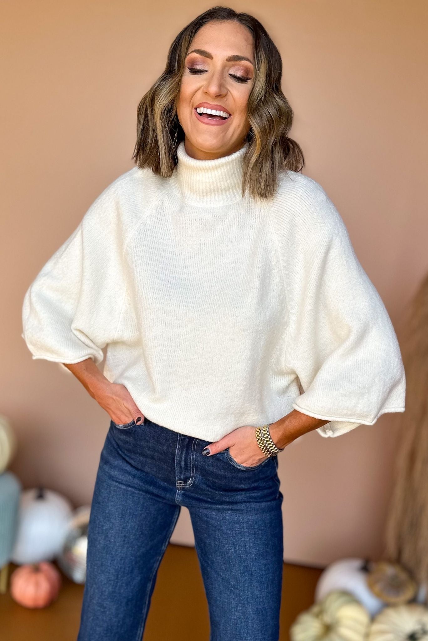  Ivory 3/4 Dolman Sleeve Turtleneck Pullover Top, must have top, must have style, must have fall, fall collection, fall fashion, elevated style, elevated top, mom style, fall style, shop style your senses by mallory fitzsimmons