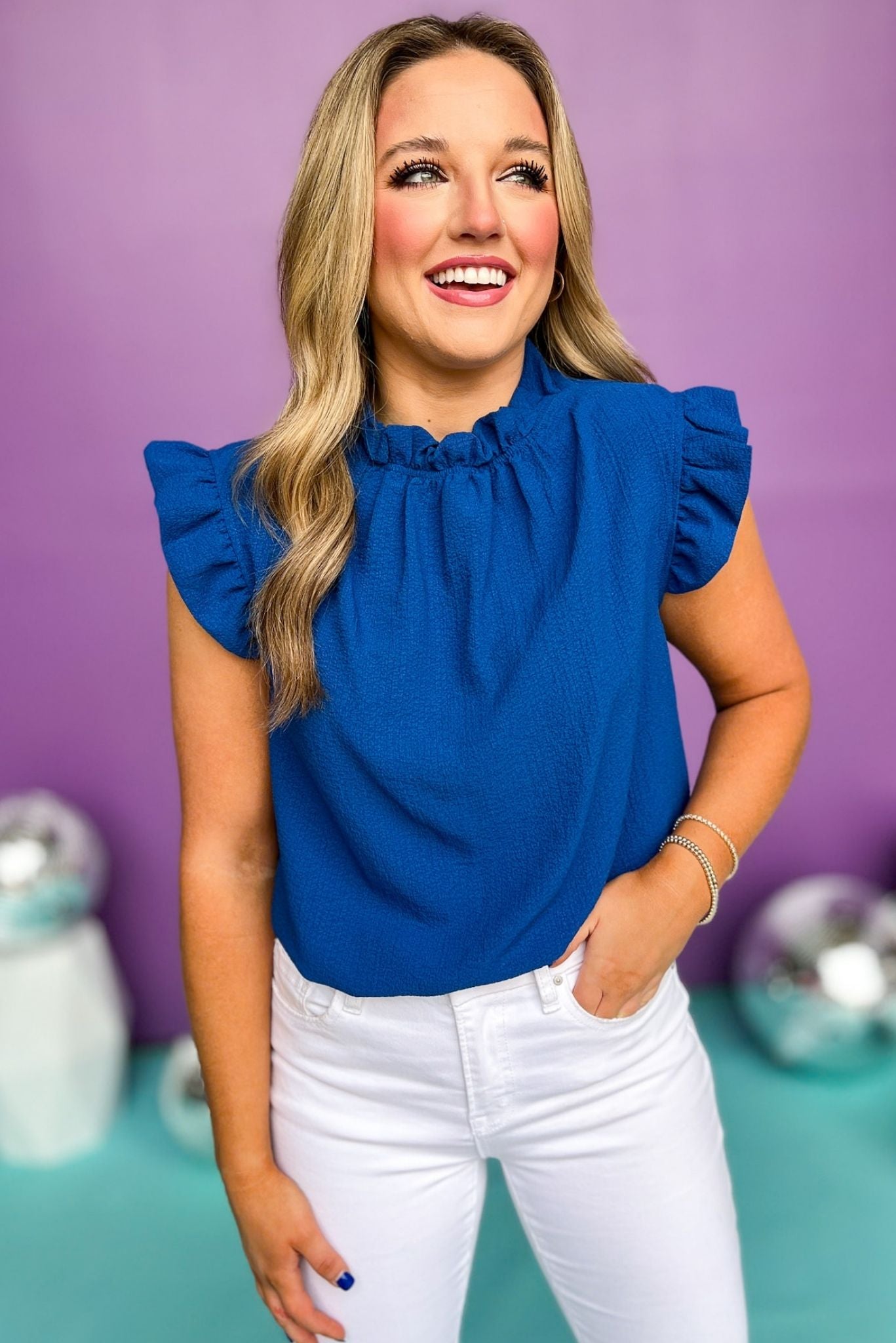 Classic Blue Woven Mock Neck Ruffle Sleeve Top, Saturday steal, must have top, must have style, brunch style, summer style, spring fashion, elevated style, elevated top, mom style, shop style your senses by mallory fitzsimmons, ssys by mallory fitzsimmons