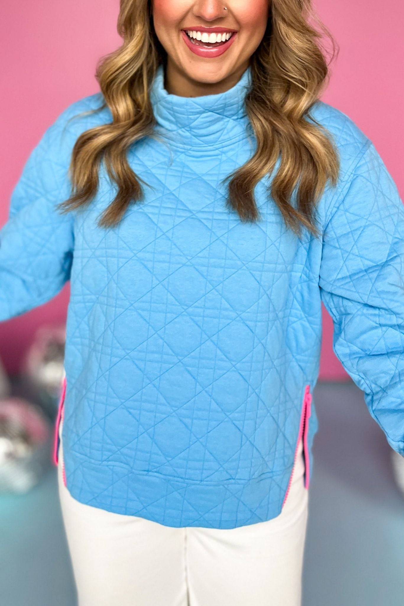 SSYS The Ava Colorblock Zipper Quilted Pullover In Light Blue, SSYS the label, Must have pullover, must have style, elevated pullover, spring style, mom style, spring fashion, comfortable fashion, mom fashion, shop style your senses by Mallory Fitzsimmons