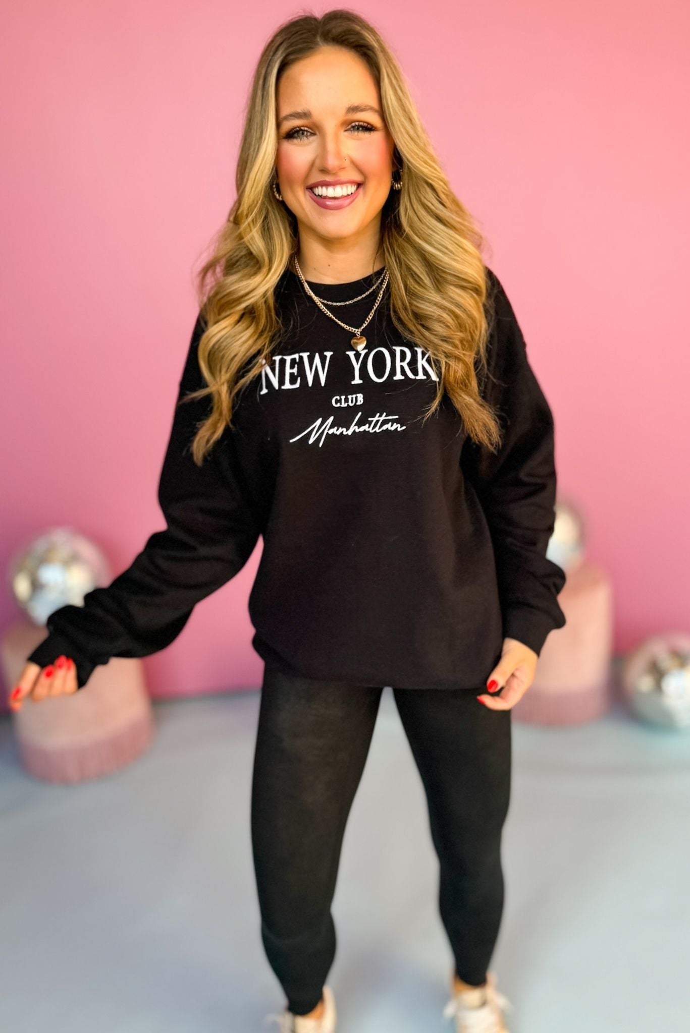 Black New York Club Sweatshirt, must have sweatshirt, elevated sweatshirt, graphic sweatshirt, must have style, comfortable style, casual fashion, mom style, shop style your senses by mallory fitzsimmons