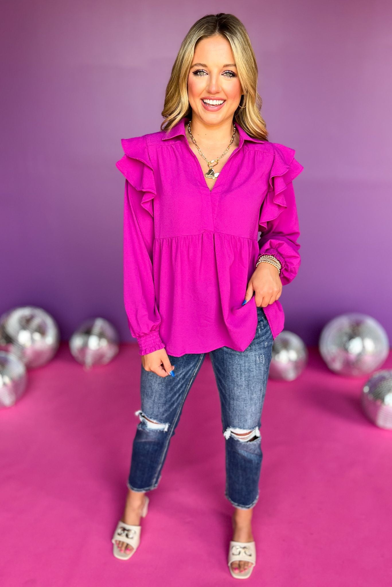 Magenta Collared V Neck Double Ruffle Sleeve Top, top, collared top, v neck top, double ruffle sleeve top, long sleeve top, magenta top, magenta collared top, magenta v neck top, magenta double ruffle sleeve top, magenta long sleeve top, must have top, must have magenta top, elevated top, elevated magenta top, elevated style, Shop Style Your Senses by Mallory Fitzsimmons, SSYS by Mallory Fitzsimmons