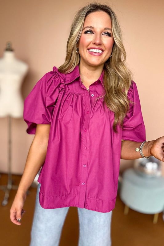 Pink Button Front Collared Puff Sleeve Top, must have top, must have style, fall style, fall fashion, elevated style, elevated dress, mom style, fall collection, fall top, shop style your senses by mallory fitzsimmons