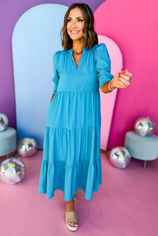 Turquoise Split Neck Three Quarter Sleeve Tiered Midi Dress, must have dress, must have style, brunch style, spring fashion, elevated style, elevated dress, mom style, shop style your senses by mallory fitzsimmons, ssys by mallory fitzsimmons