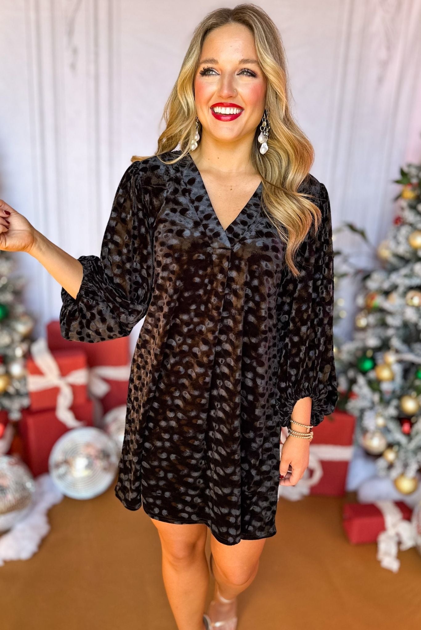 Black Velvet V Neck Bubble Long Sleeve Dress, must have dress, must have style, elevated dress, elevated style, holiday style, holiday fashion, elevated holiday, holiday collection, affordable fashion, mom style, shop style your senses by mallory fitzsimmons