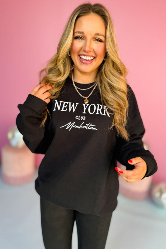 Black New York Club Sweatshirt, must have sweatshirt, elevated sweatshirt, graphic sweatshirt, must have style, comfortable style, casual fashion, mom style, shop style your senses by mallory fitzsimmons