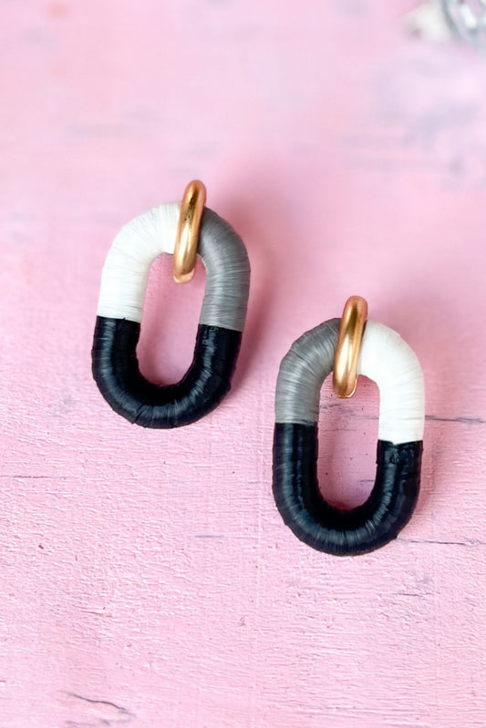  Black Grey Raffia Wrapped Open Oval Dangle Earrings, Accessory, Earrings, Shop Style Your Senses by Mallory Fitzsimmons