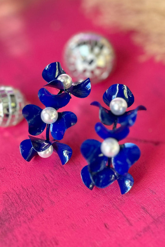 Royal Blue Flower Pearl Bead Open Hoop Earrings, accessory, earrings, must have earrings, shop style your senses by mallory fitzsimmons