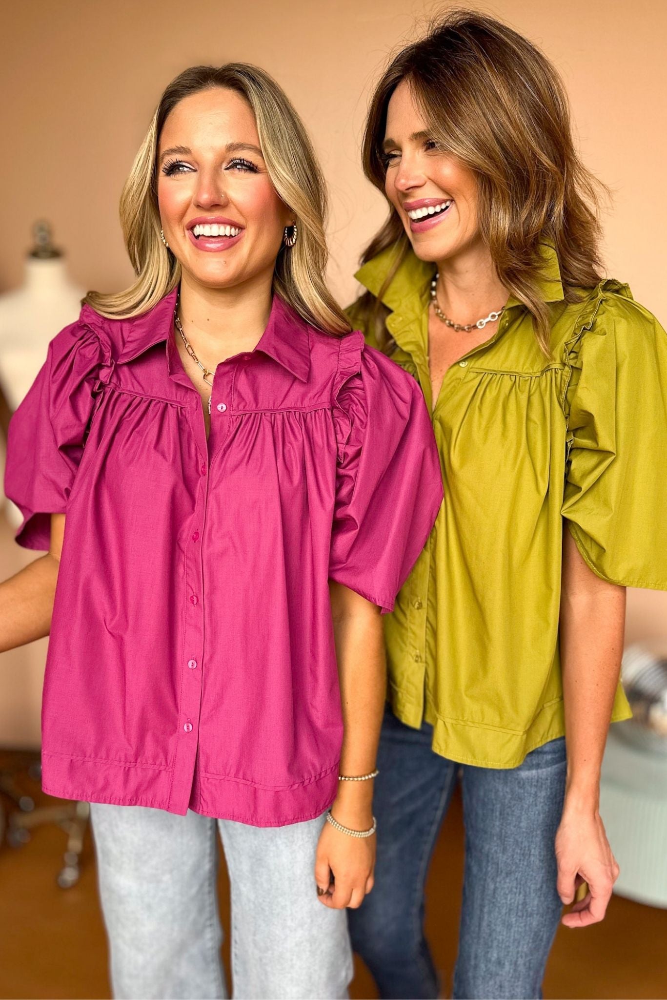 Pink Button Front Collared Puff Sleeve Top, must have top, must have style, fall style, fall fashion, elevated style, elevated dress, mom style, fall collection, fall top, shop style your senses by mallory fitzsimmons